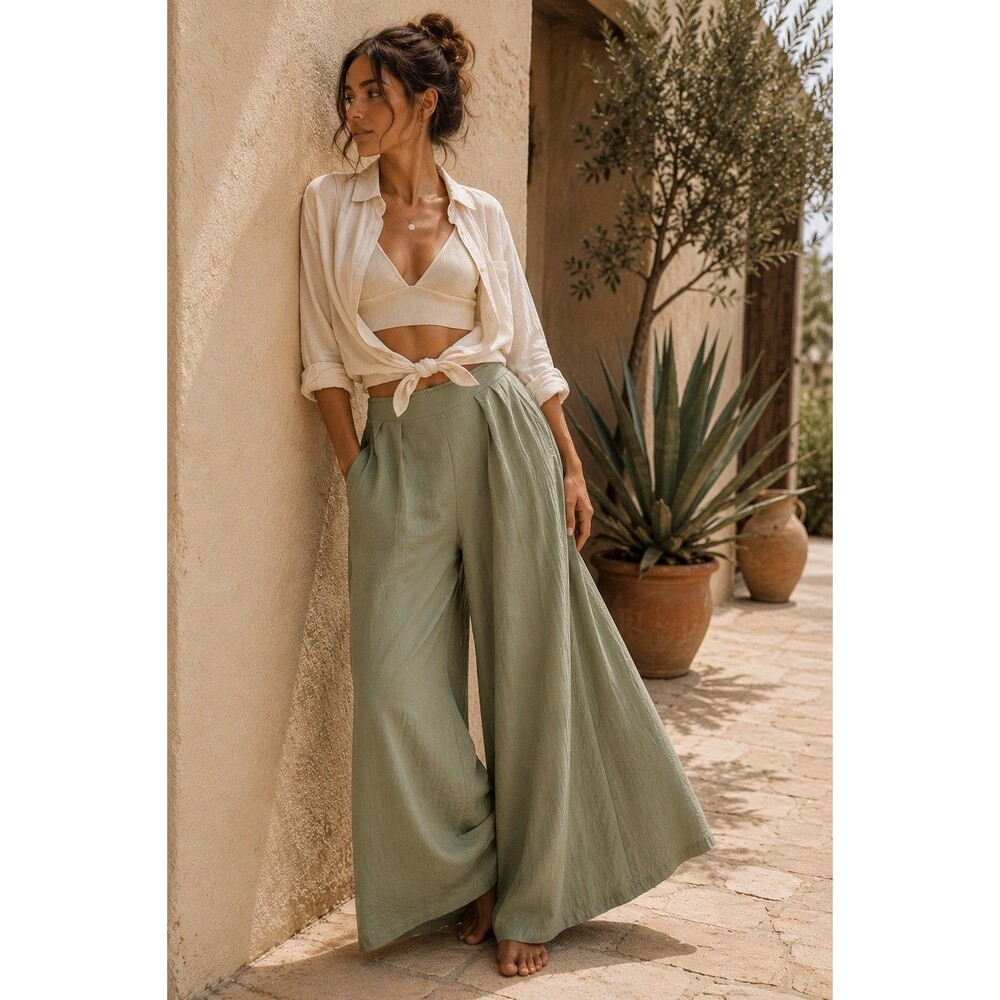 HYFVE Olive Green Wide Leg Palazzo Pants Elastic Waist Women’s L Resort